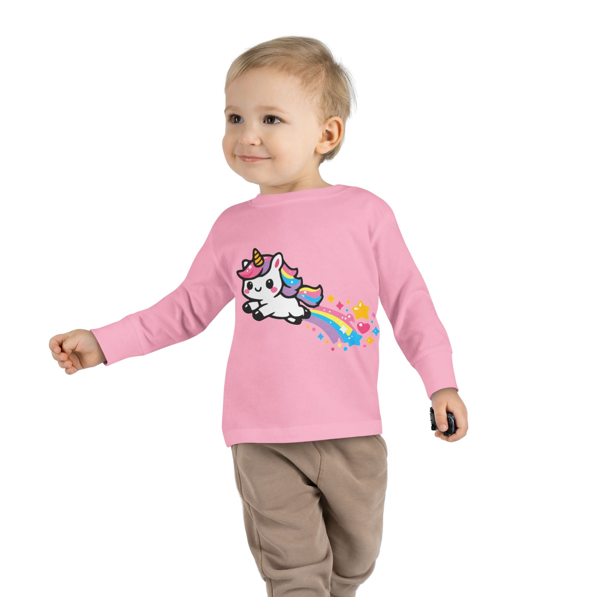 Toddler Tee — Cute Rainbow Unicorn Flying with Stars Long Sleeve