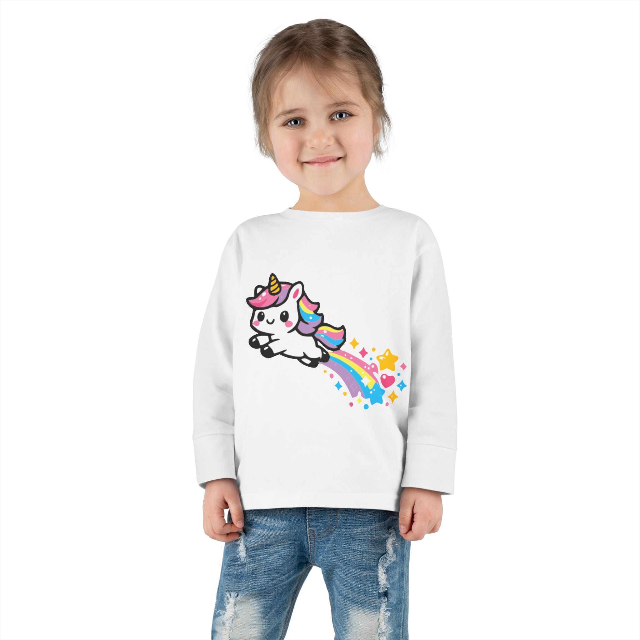 Toddler Tee — Cute Rainbow Unicorn Flying with Stars Long Sleeve
