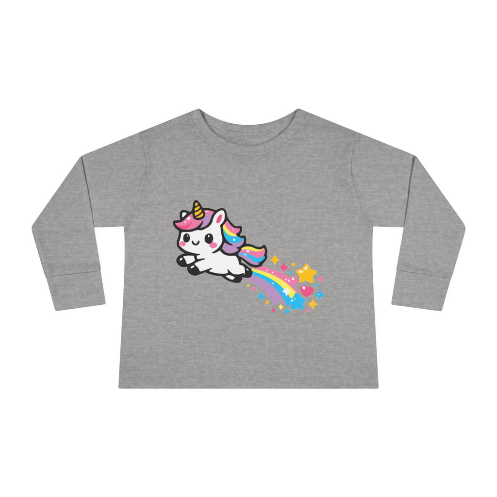 Toddler Tee — Cute Rainbow Unicorn Flying with Stars Long Sleeve