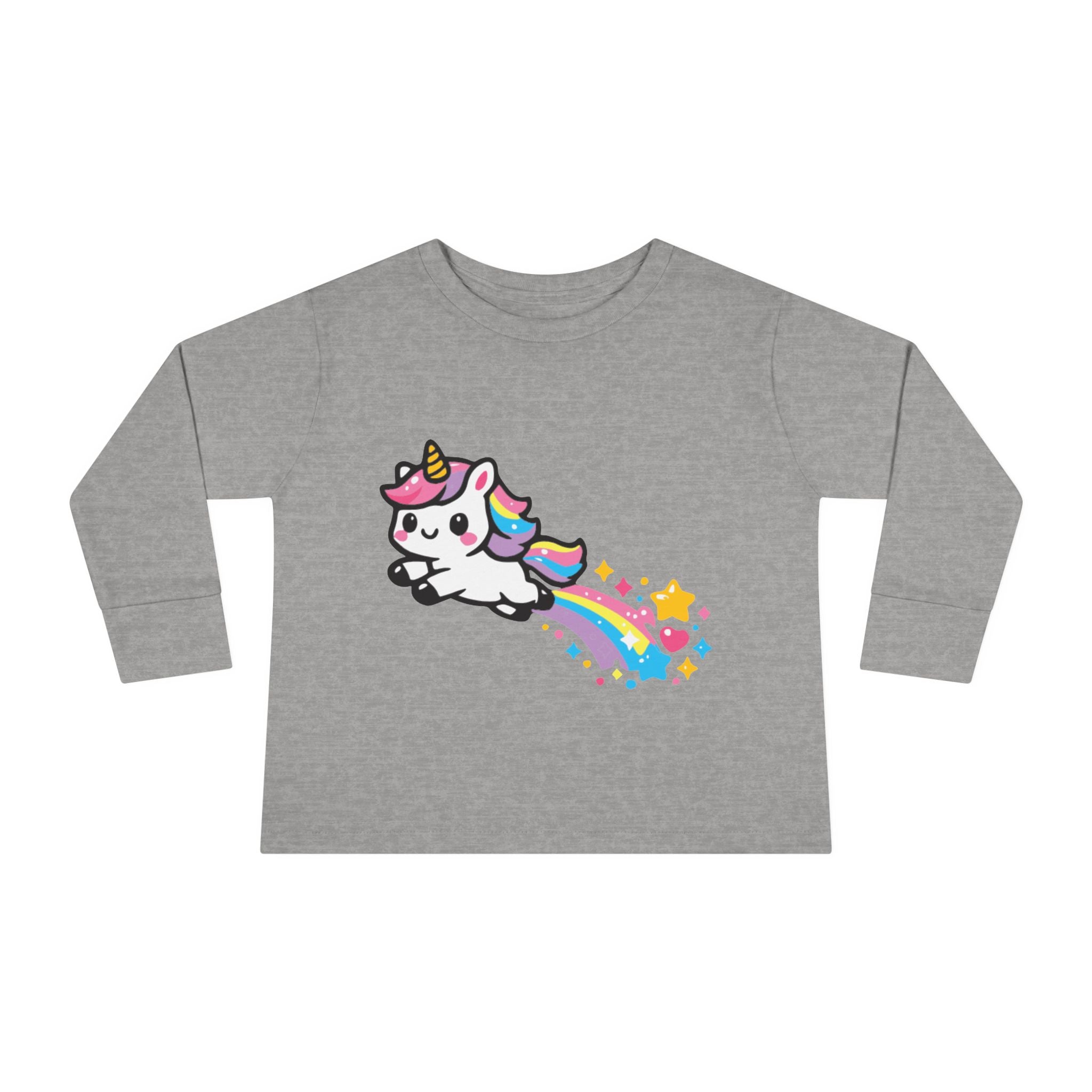 Toddler Tee — Cute Rainbow Unicorn Flying with Stars Long Sleeve
