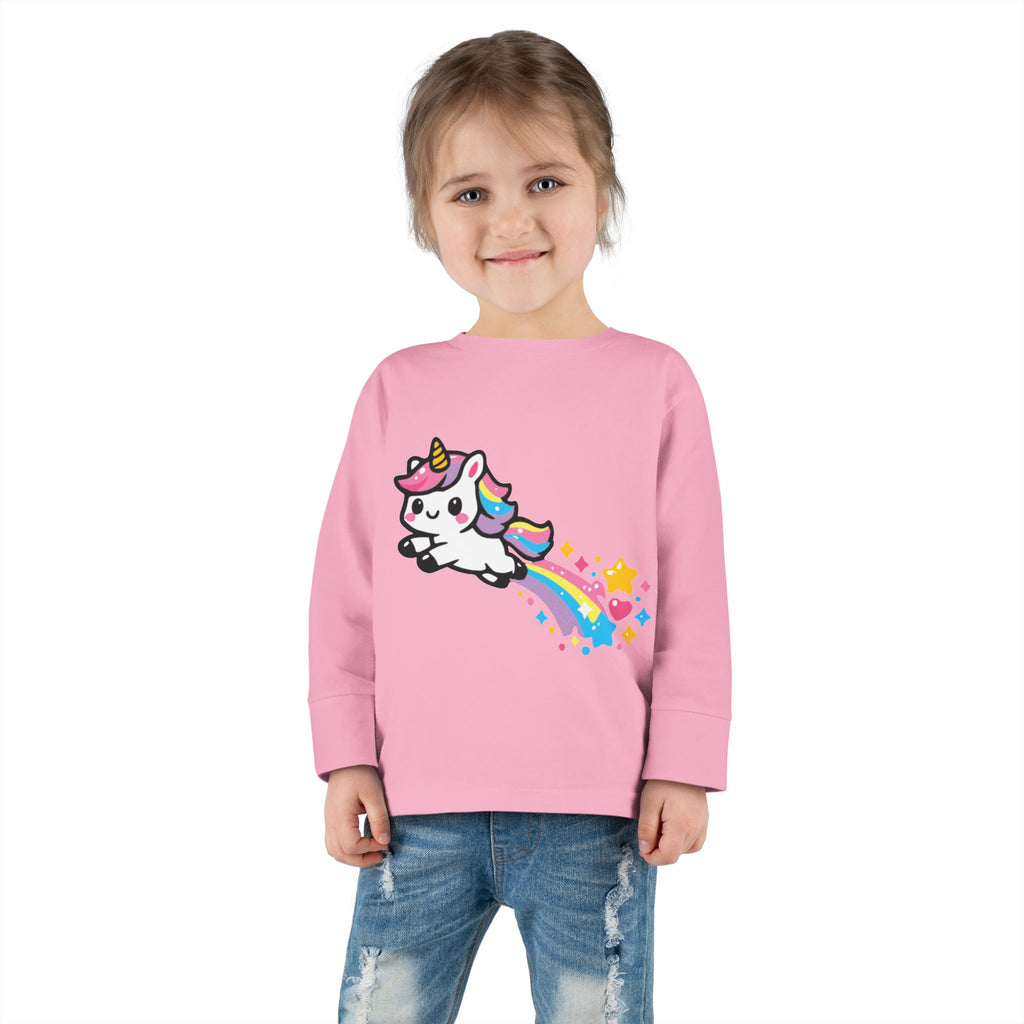 Toddler Tee — Cute Rainbow Unicorn Flying with Stars Long Sleeve