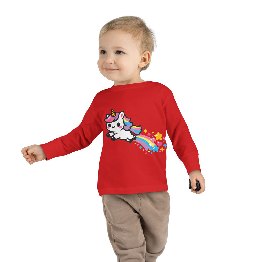 Toddler Tee — Cute Rainbow Unicorn Flying with Stars Long Sleeve