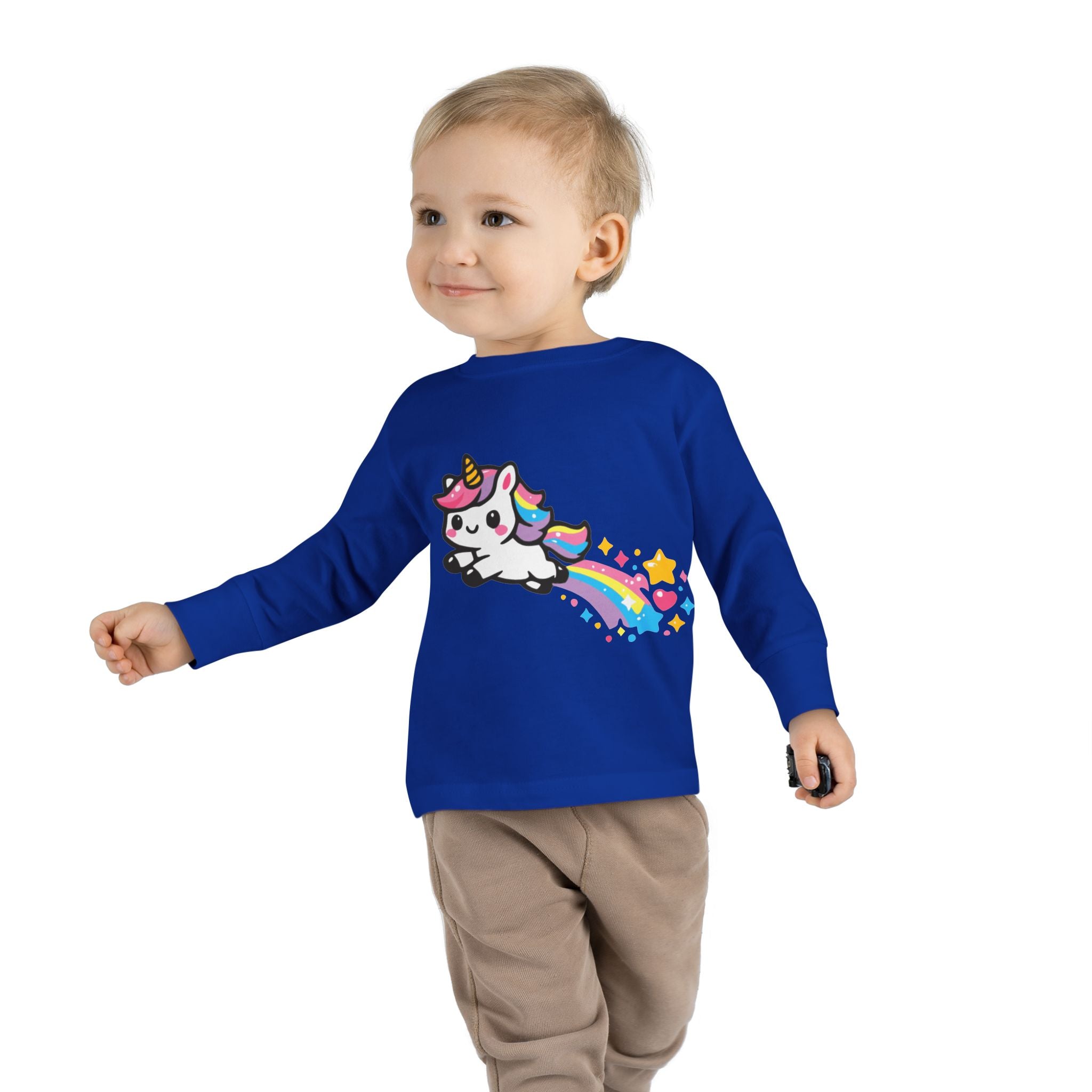 Toddler Tee — Cute Rainbow Unicorn Flying with Stars Long Sleeve