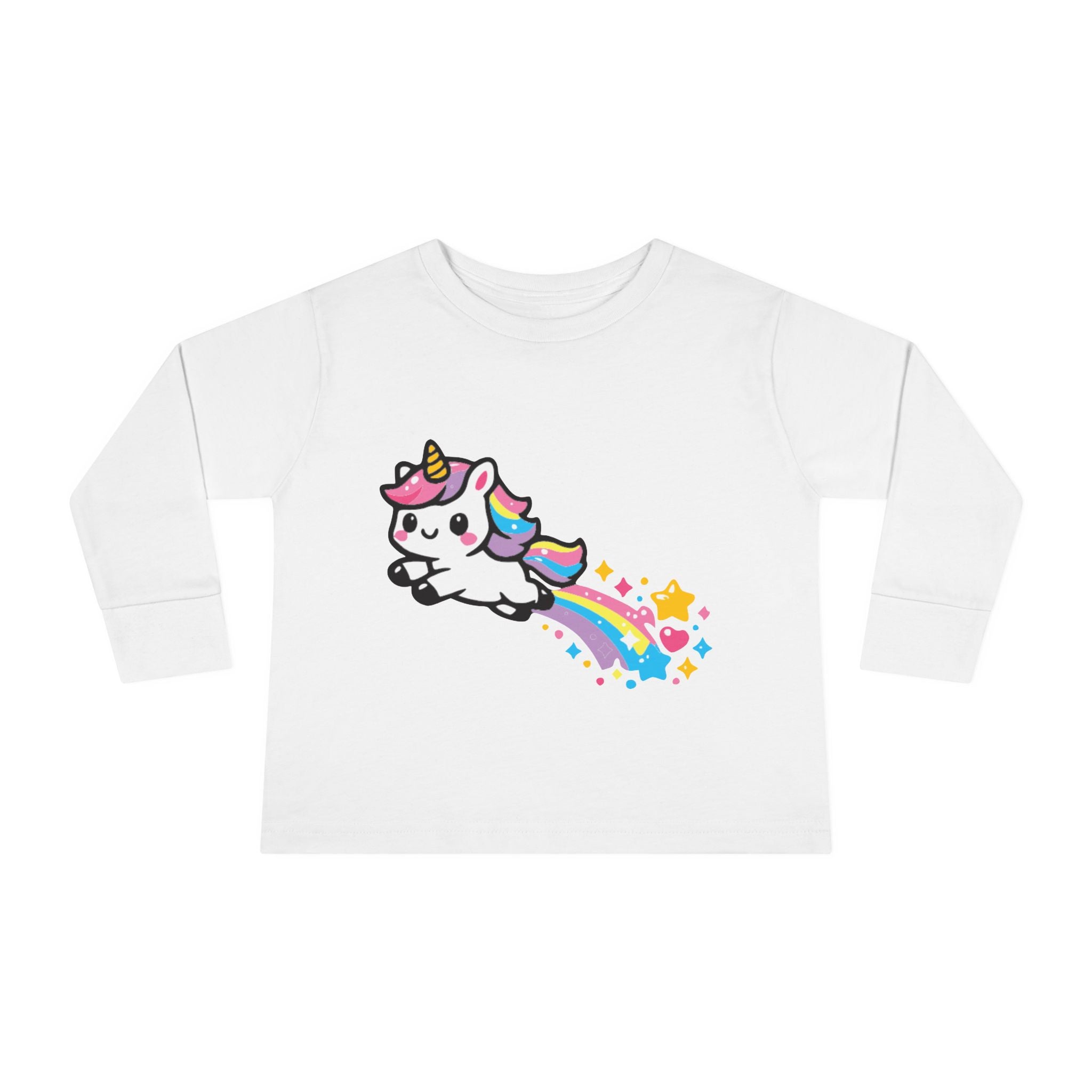 Toddler Tee — Cute Rainbow Unicorn Flying with Stars Long Sleeve