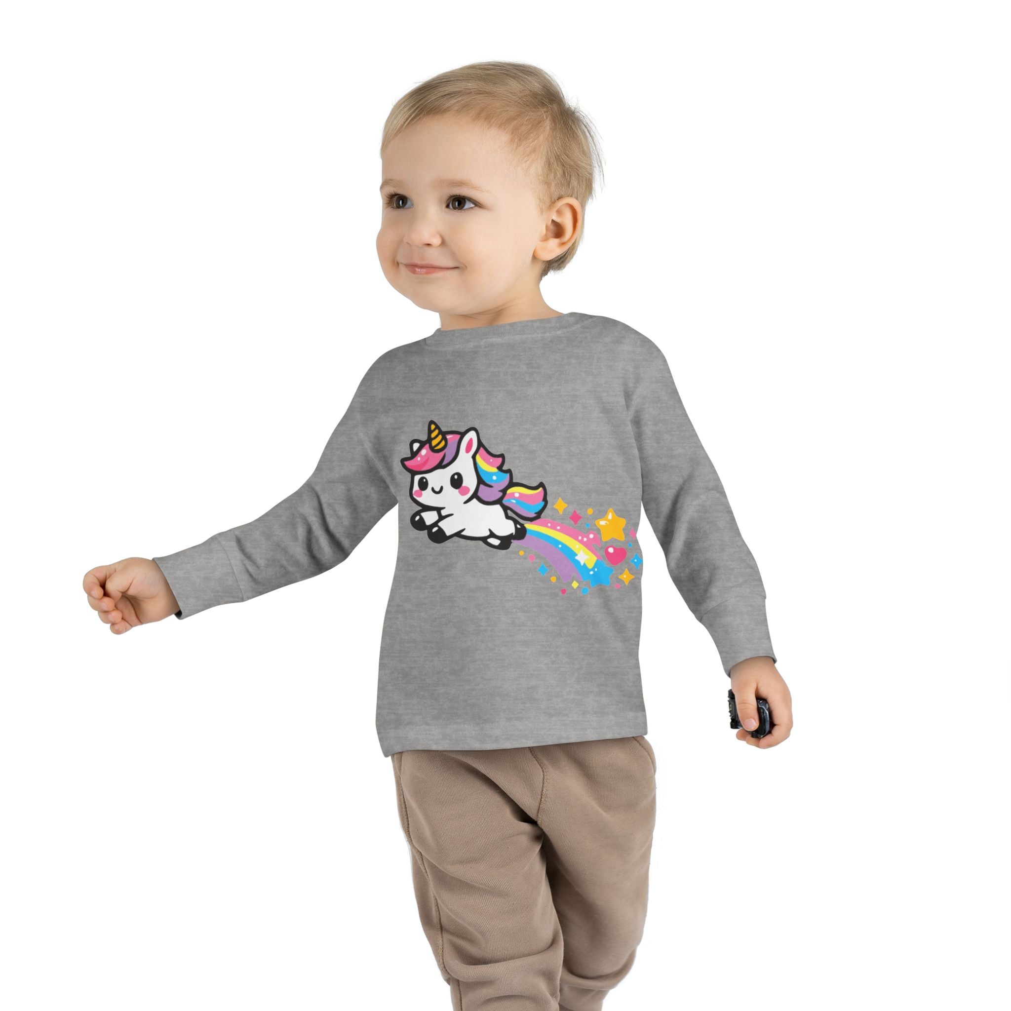 Toddler Tee — Cute Rainbow Unicorn Flying with Stars Long Sleeve