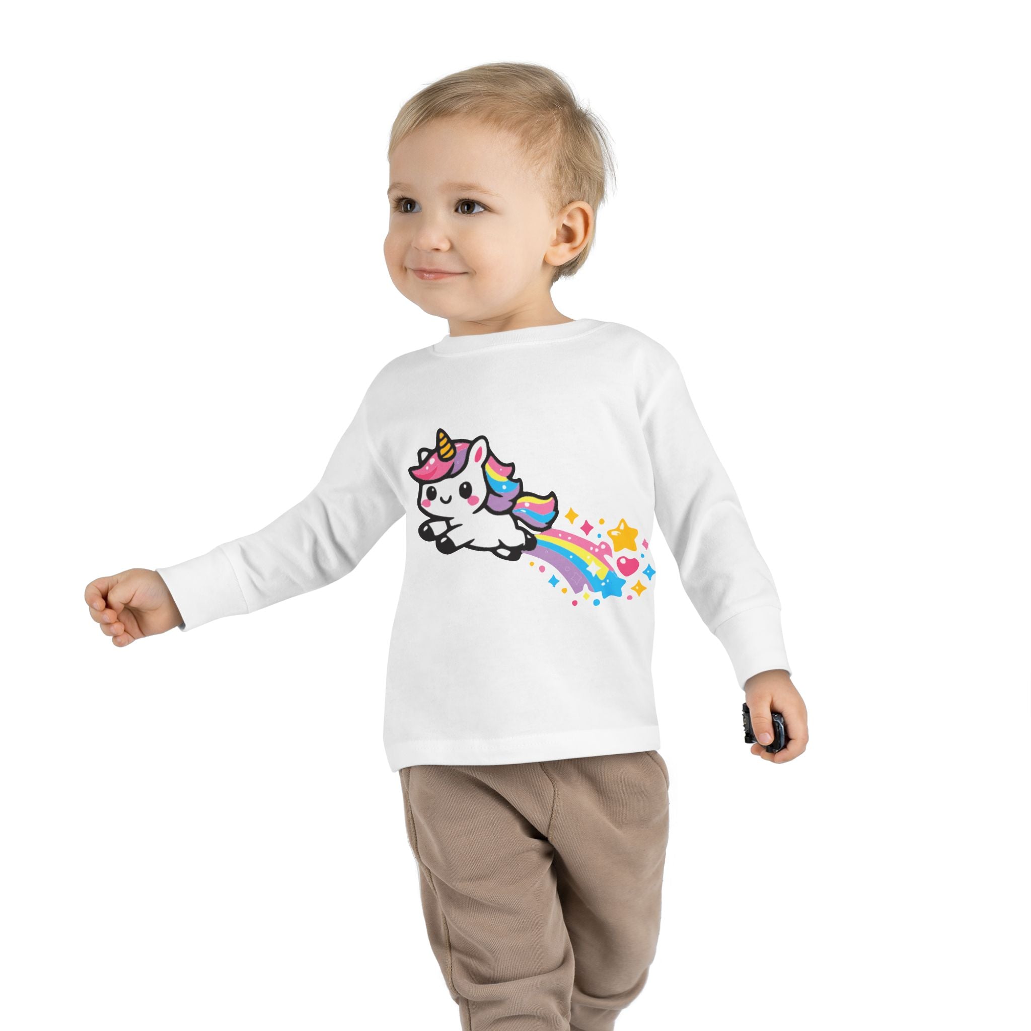 Toddler Tee — Cute Rainbow Unicorn Flying with Stars Long Sleeve