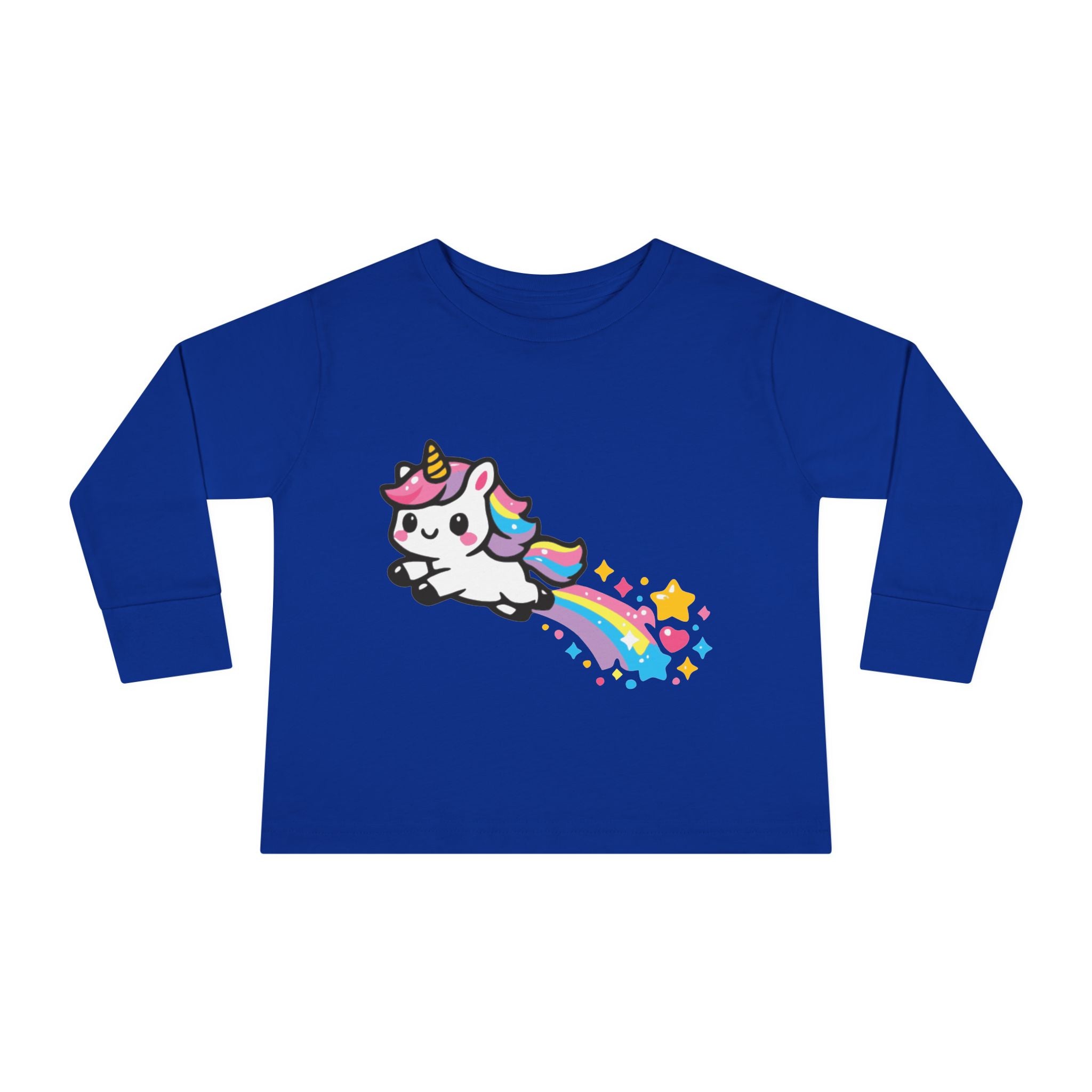 Toddler Tee — Cute Rainbow Unicorn Flying with Stars Long Sleeve