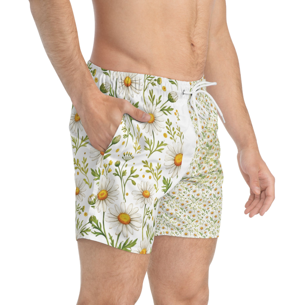 Daisy Floral Swim Trunks — White & Yellow All-Over Print