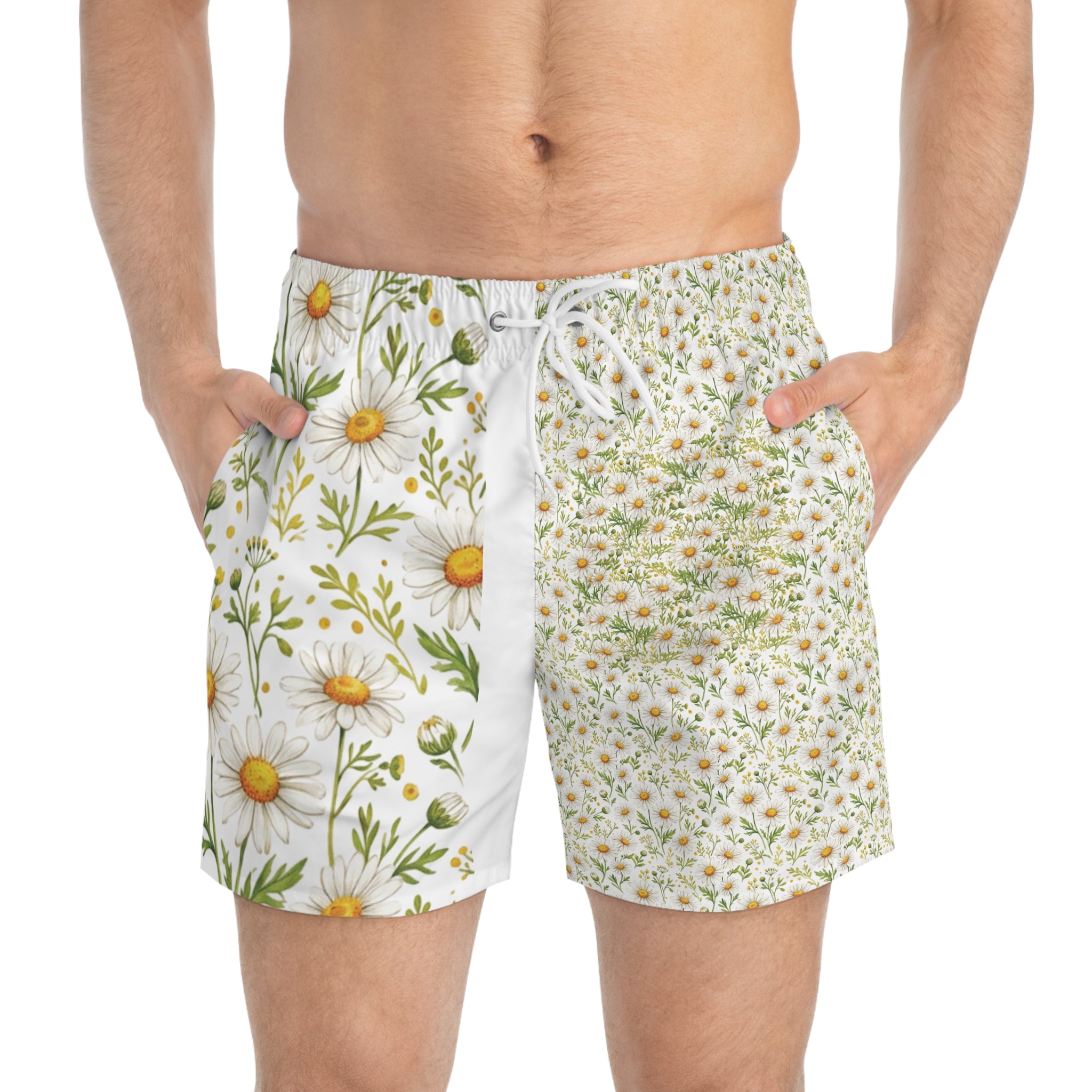 Daisy Floral Swim Trunks — White & Yellow All-Over Print