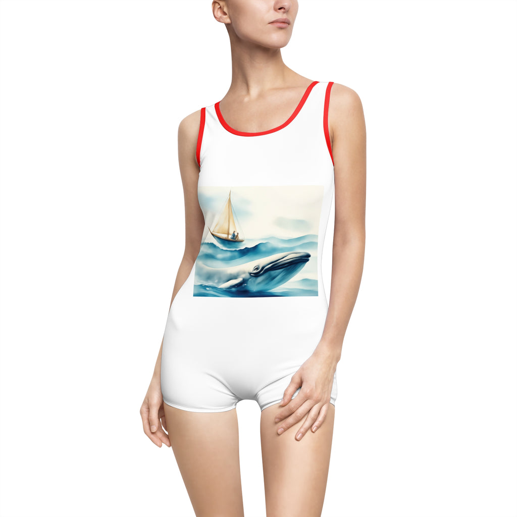 Vintage Sailboat & Whale One-Piece Swimsuit — Retro Nautical Women’s Bathing Suit