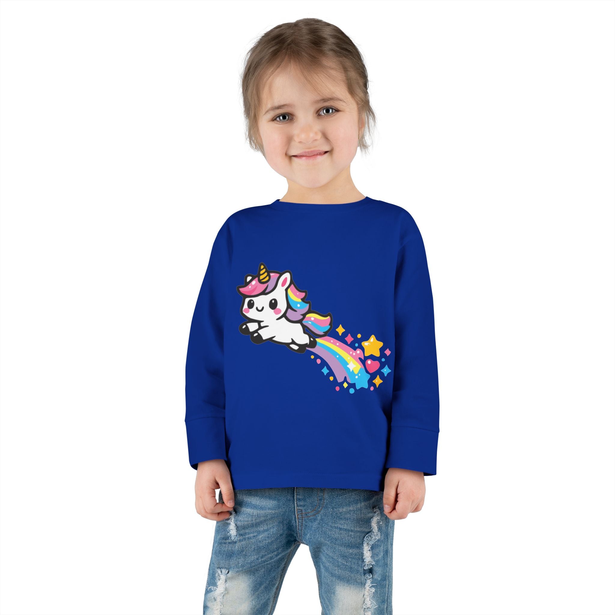 Toddler Tee — Cute Rainbow Unicorn Flying with Stars Long Sleeve