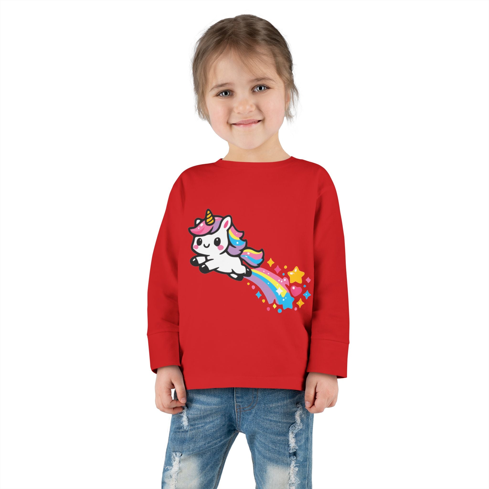 Toddler Tee — Cute Rainbow Unicorn Flying with Stars Long Sleeve