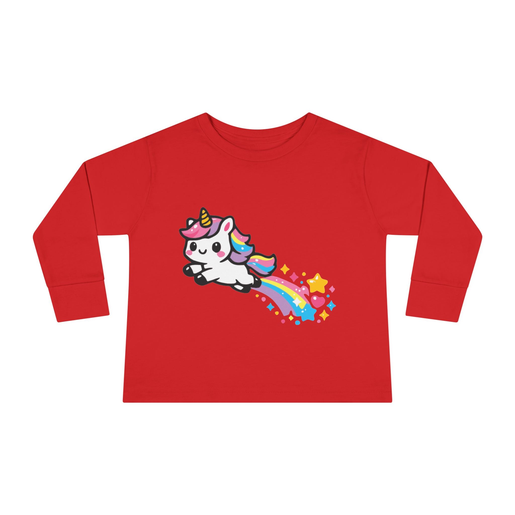 Toddler Tee — Cute Rainbow Unicorn Flying with Stars Long Sleeve