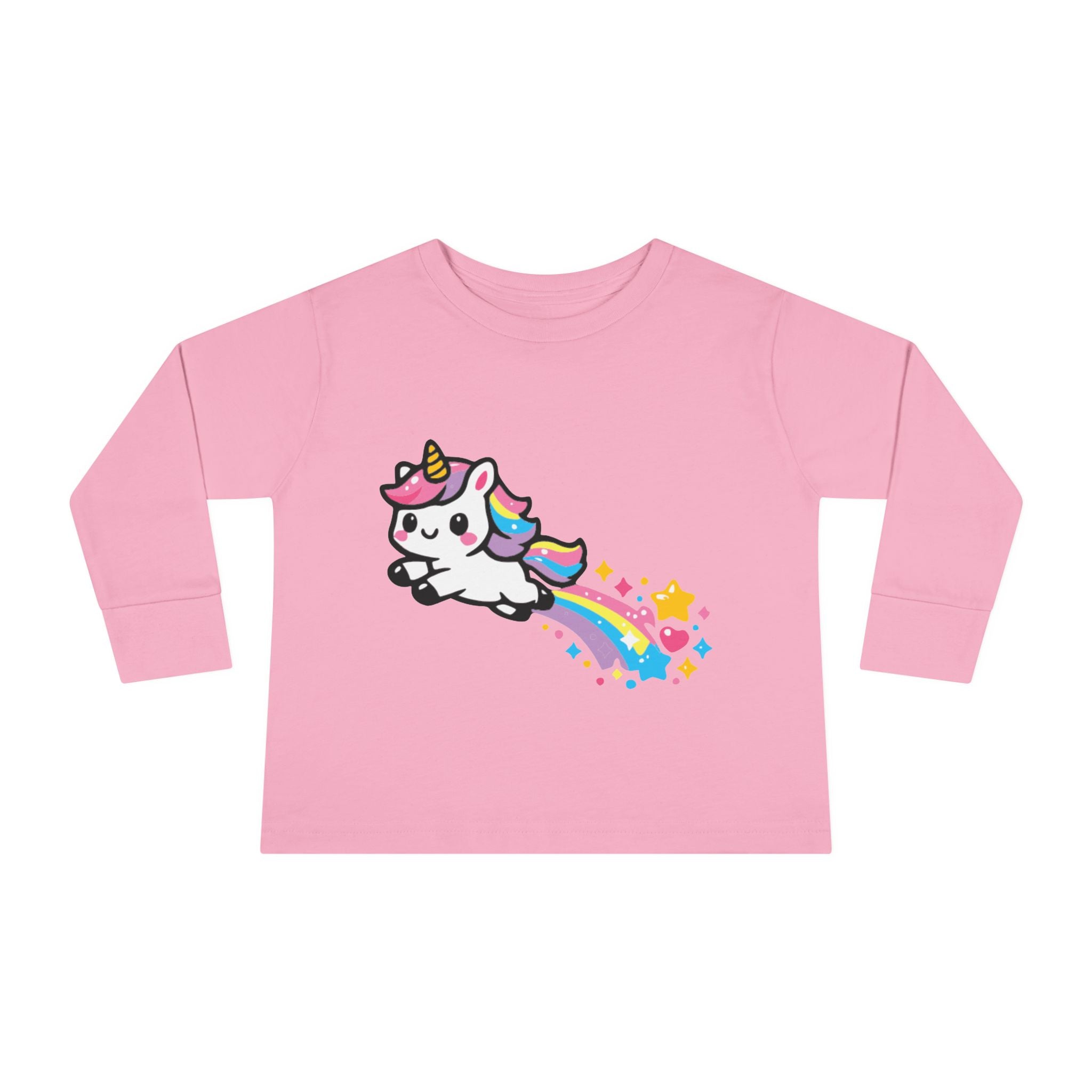 Toddler Tee — Cute Rainbow Unicorn Flying with Stars Long Sleeve