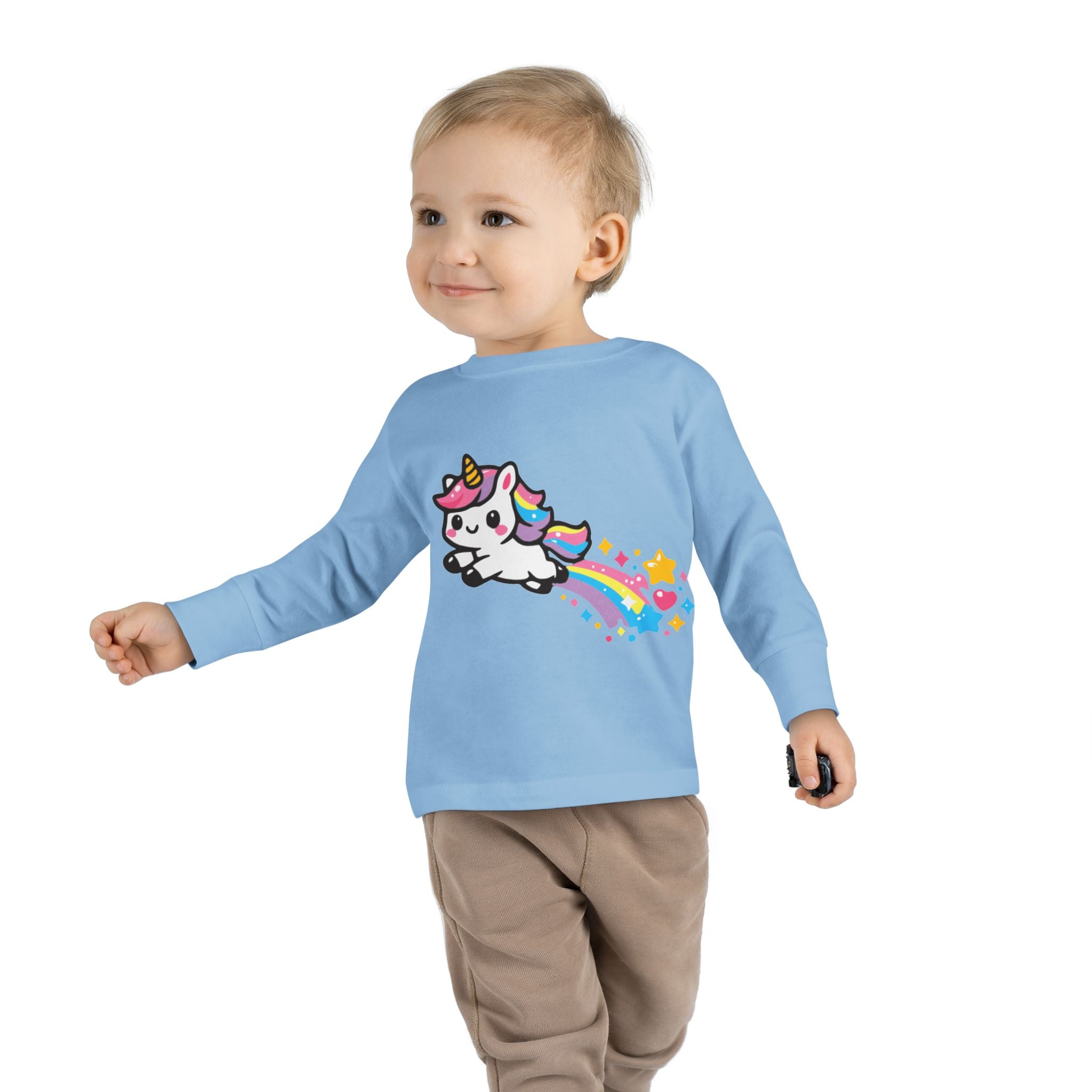 Toddler Tee — Cute Rainbow Unicorn Flying with Stars Long Sleeve