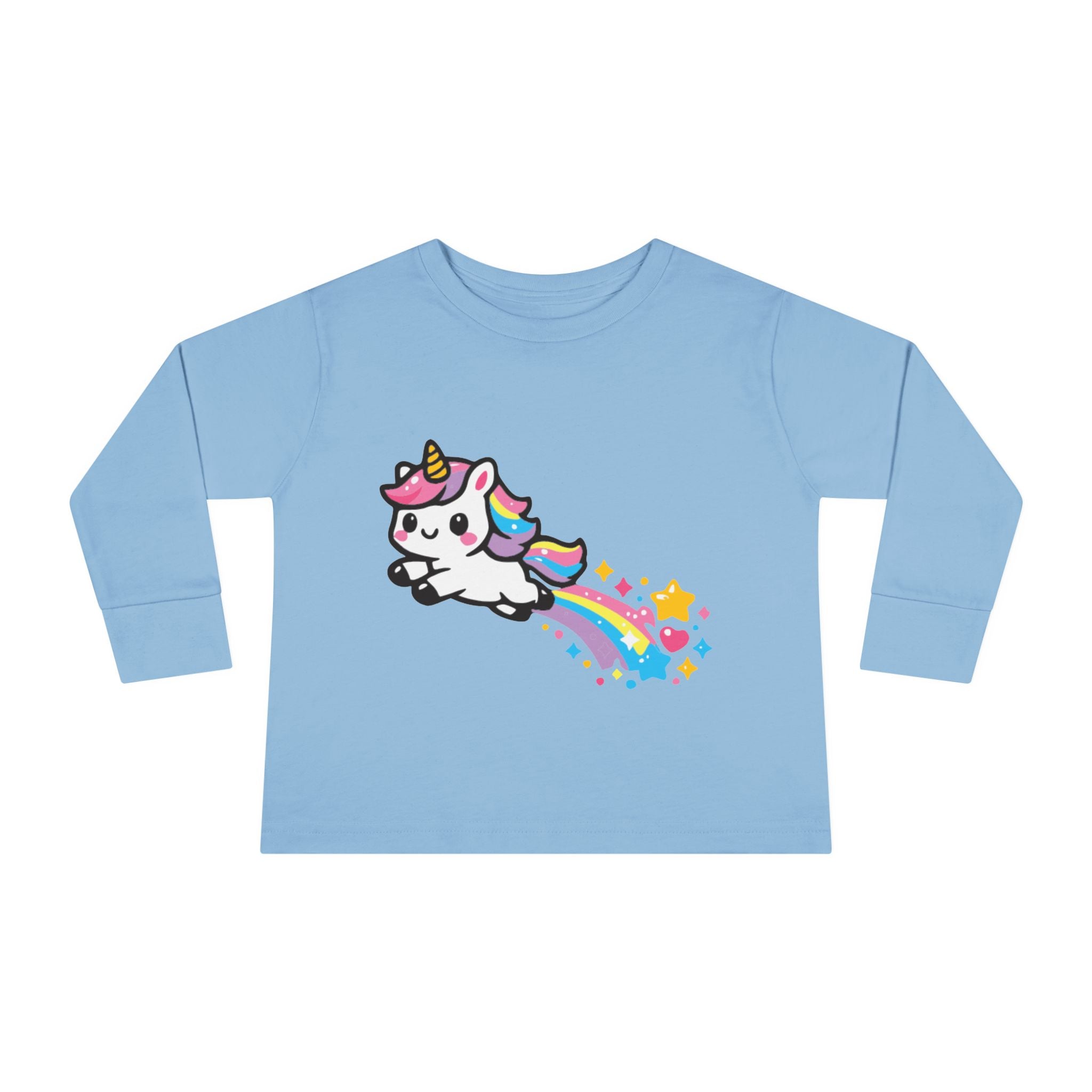 Toddler Tee — Cute Rainbow Unicorn Flying with Stars Long Sleeve