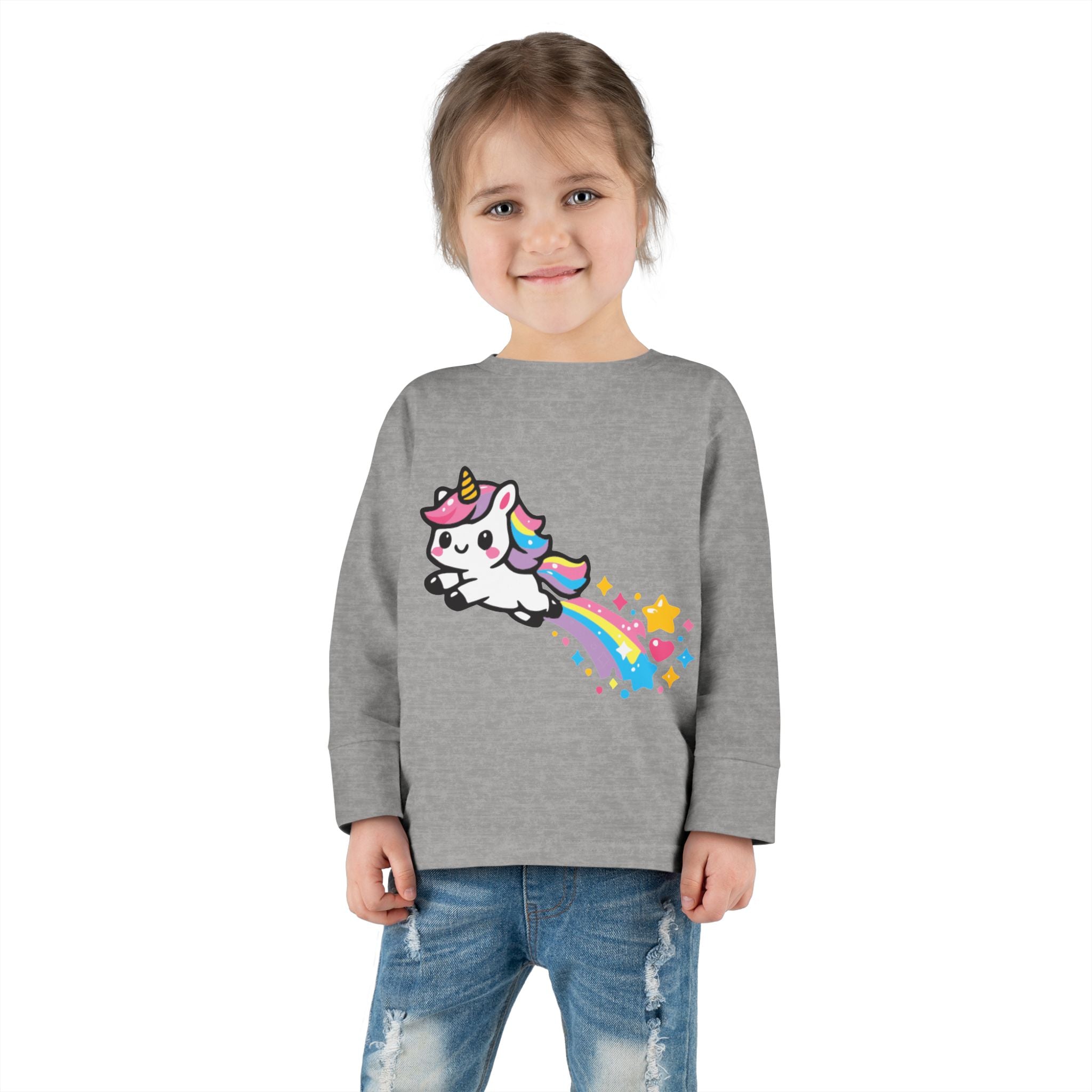 Toddler Tee — Cute Rainbow Unicorn Flying with Stars Long Sleeve