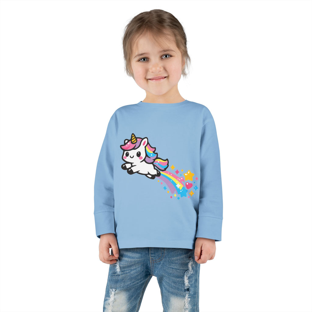Toddler Tee — Cute Rainbow Unicorn Flying with Stars Long Sleeve
